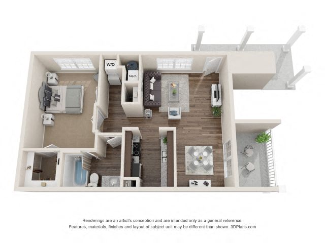 Floor plan for 1 bed, 1 bath, 734 sqft